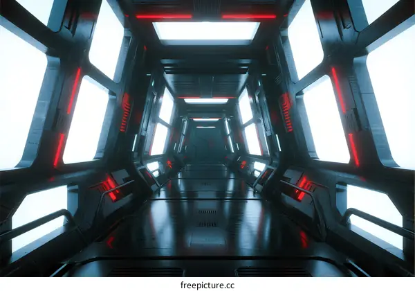 Futuristic Sci-Fi Corridor with Red Neon Lights and Windows