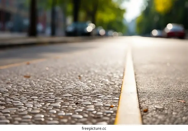 Close up of asphalt road with yellow line marking