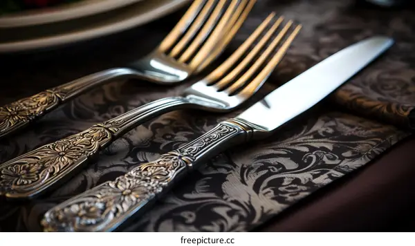 Ornate silverware on a fancy tablecloth