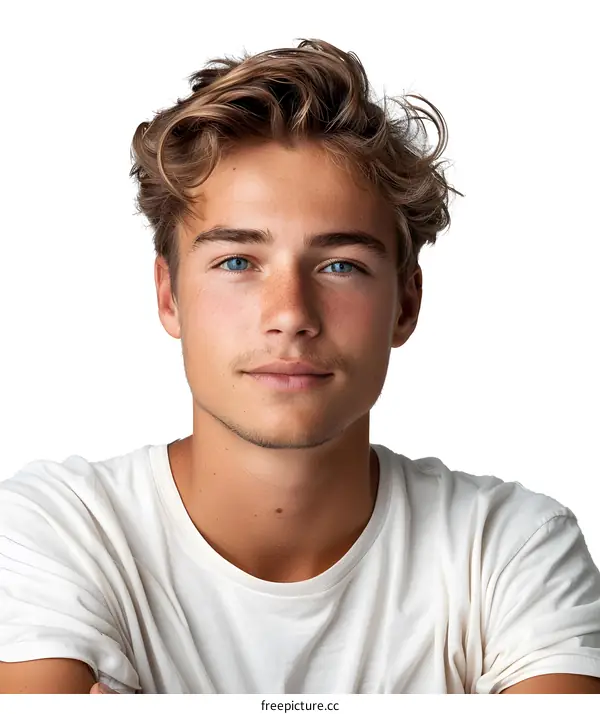 Portrait of a young man with blond hair and blue eyes