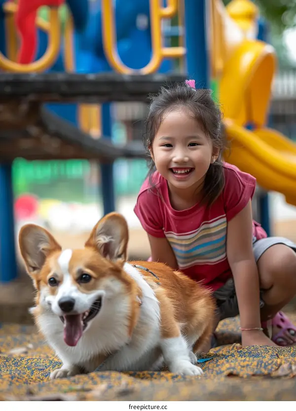 Asian girl playing with a corgi dog in a playground