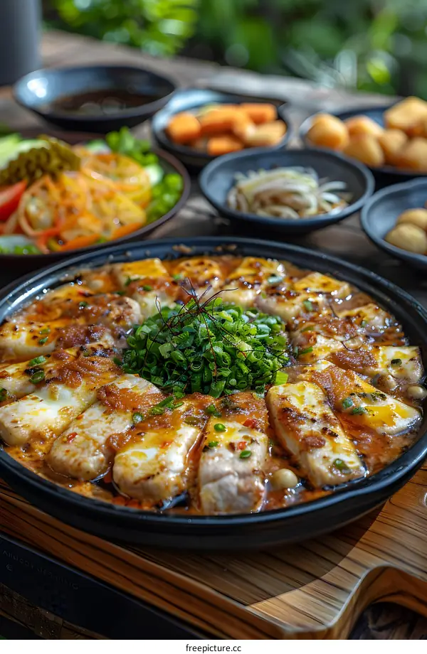 Sliced pork with garlic sauce in a hot pot