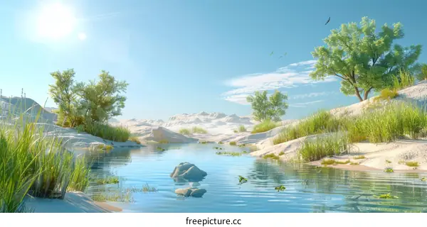 Oasis in the Desert with Verdant Trees and a Tranquil Body of Water