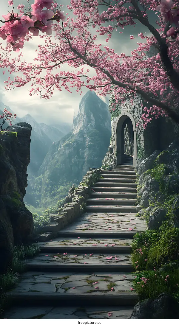 Stone Steps Leading To Ancient Archway In The Mountains With Pink Blossoms