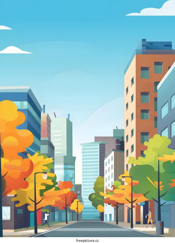 Cityscape Illustration with Buildings and Trees