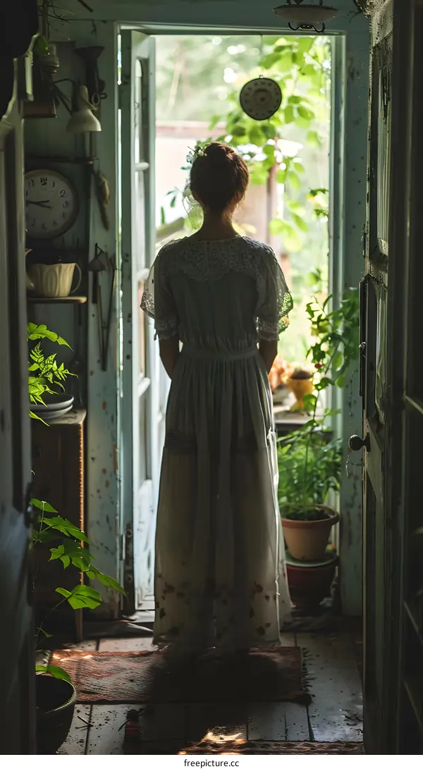 A woman standing in a doorway, looking out at a garden.
