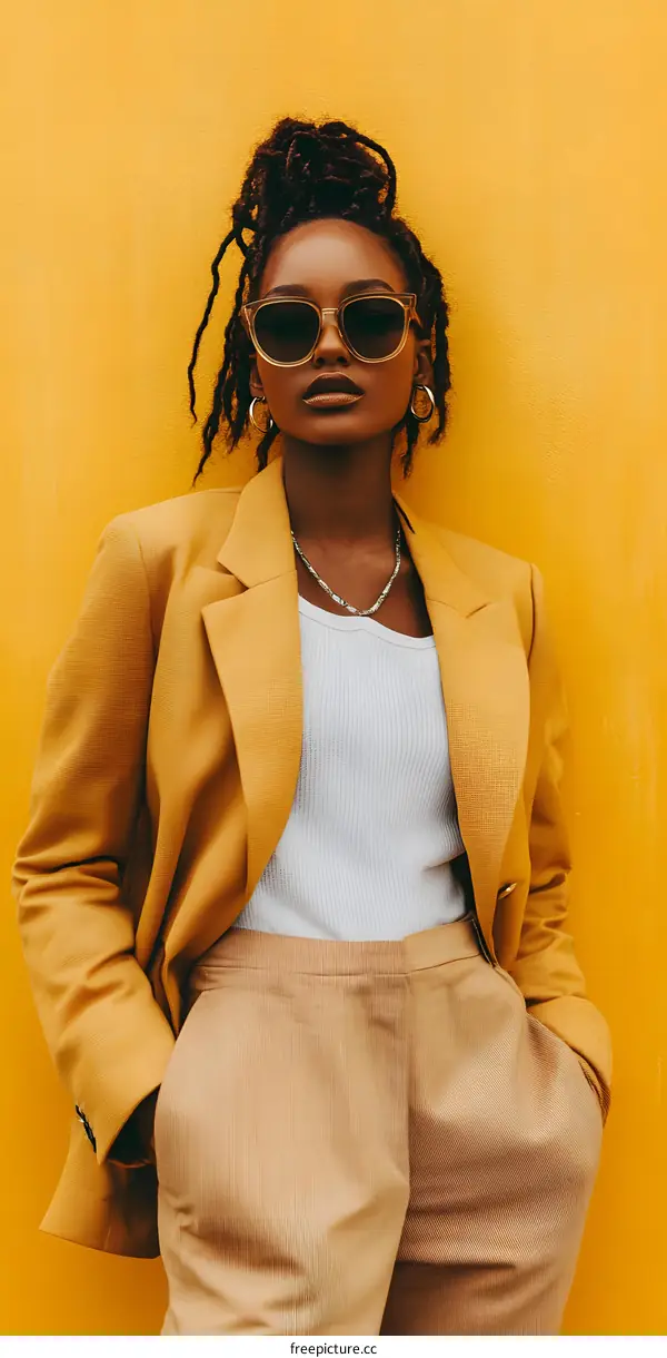 Fashionable Woman in Yellow Blazer and Sunglasses Against a Yellow Wall