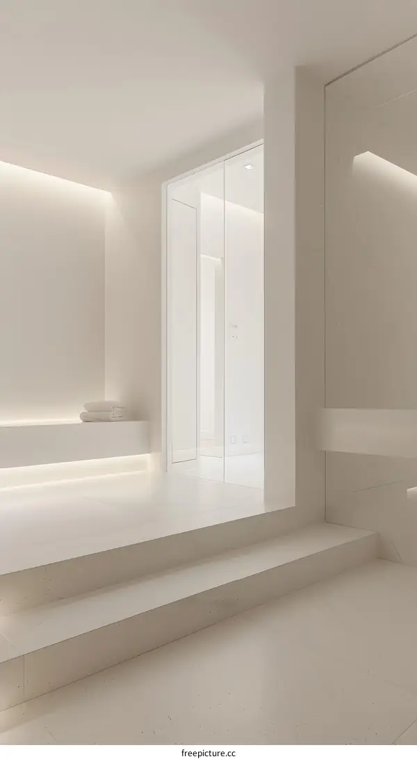 White Minimalist Interior Design With Steps And Doorway
