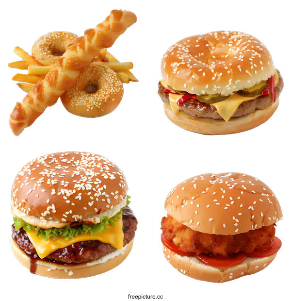 [Transparent Background PNG]Four Different Types of Burgers and Breadsticks with French Fries