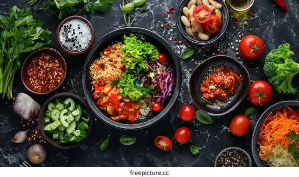 A variety of fresh vegetables and spices on a black stone table
