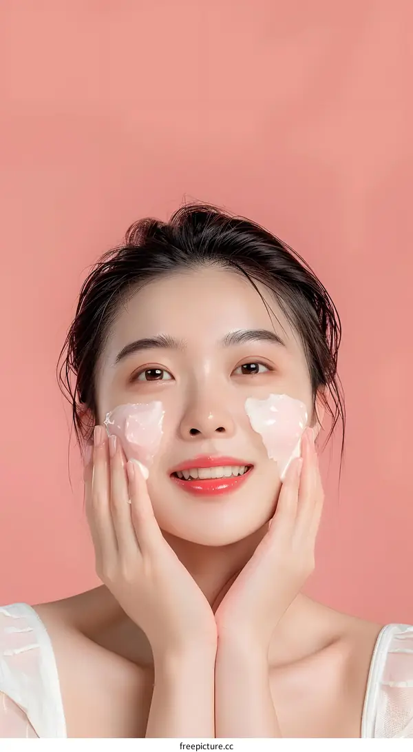 Smiling Asian Woman Applying Face Mask