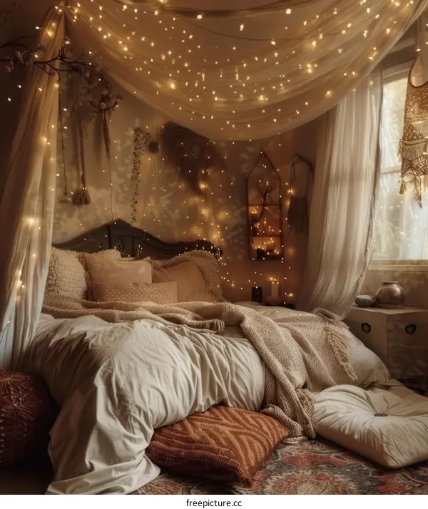 Cozy bedroom with fairy lights and pillows
