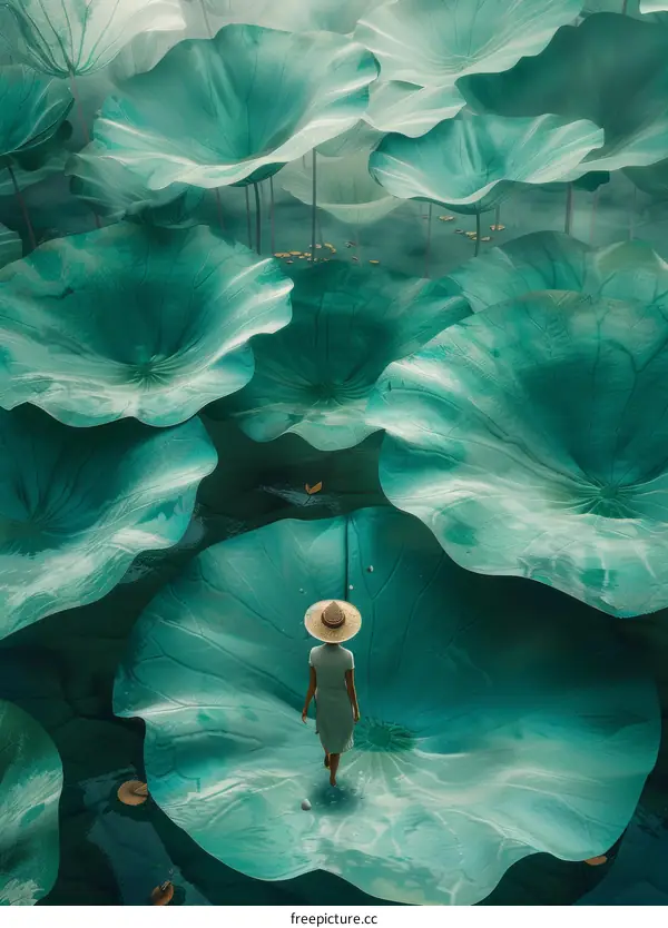 A woman walking on giant lily pads in a surreal world