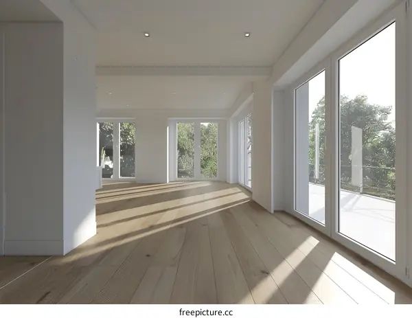Modern Empty Room with Large Windows and Light Wood Floor