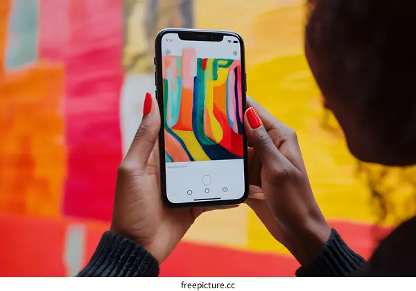 Woman Viewing Abstract Art on Phone