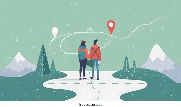 Couple Looking at Map in Winter Landscape