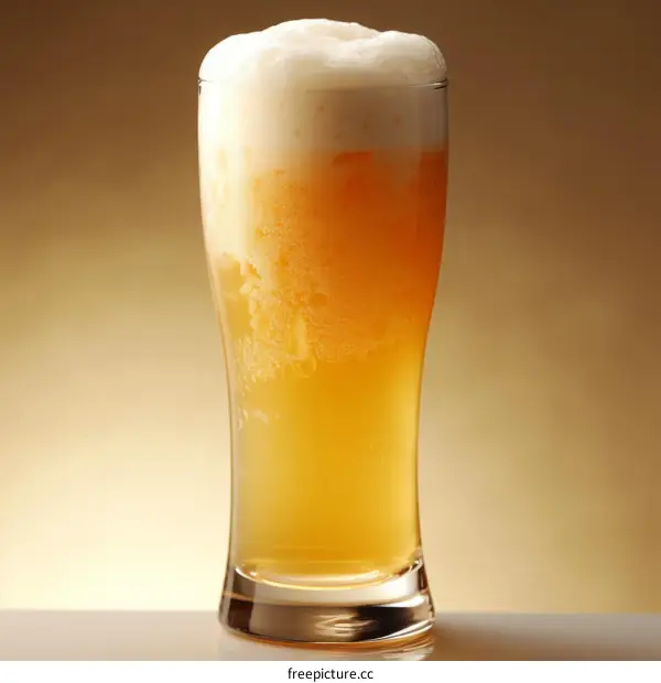 A glass of draft beer with foam on a beige background