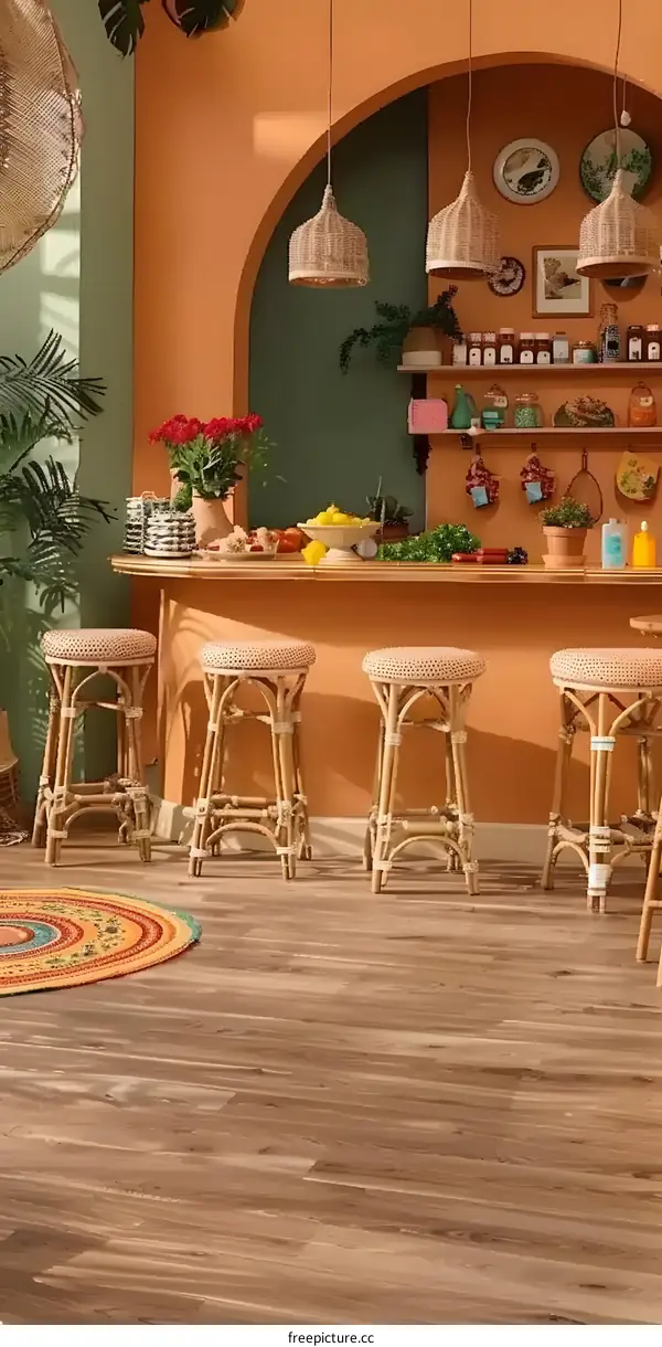 Bohemian Style Kitchen Interior Design with Rattan Bar Stools and Archway