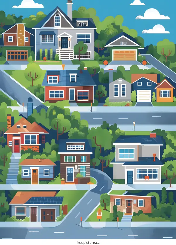 Colorful Houses on a Winding Road Illustration