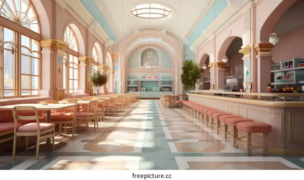 Elegant pink and blue retro modern restaurant interior illustration