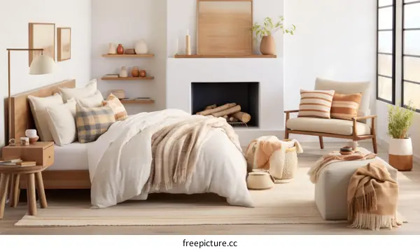 cozy bedroom with neutral bedding and wood furniture