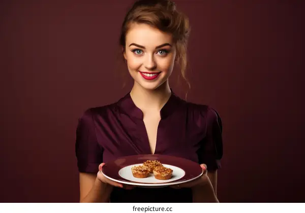 Smiling woman in purple dress holding plate of pastries