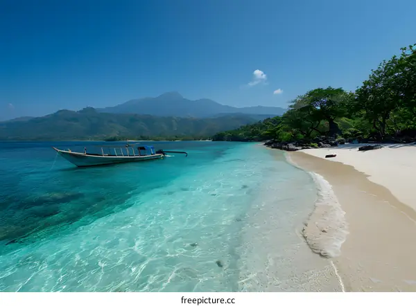 Tropical Beach with Clear Water and a Small Boat