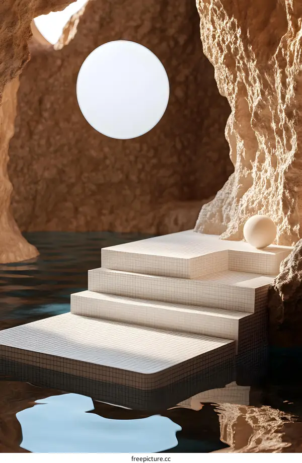 Minimalist Abstract 3D Scene With White Steps And Water