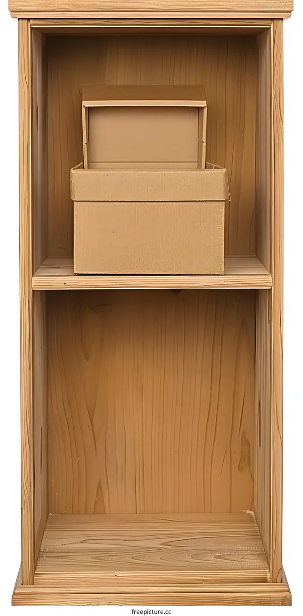 Empty Wooden Shelf With Two Cardboard Boxes