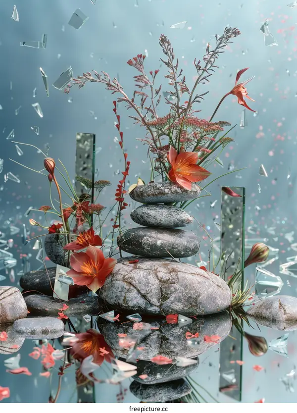 Still life with stones and orange flowers