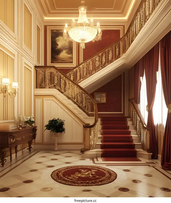 Luxury Interior Design With Golden Staircase And Chandelier