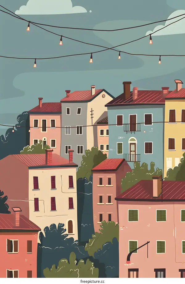 Colorful Illustration of European Cityscape with String Lights