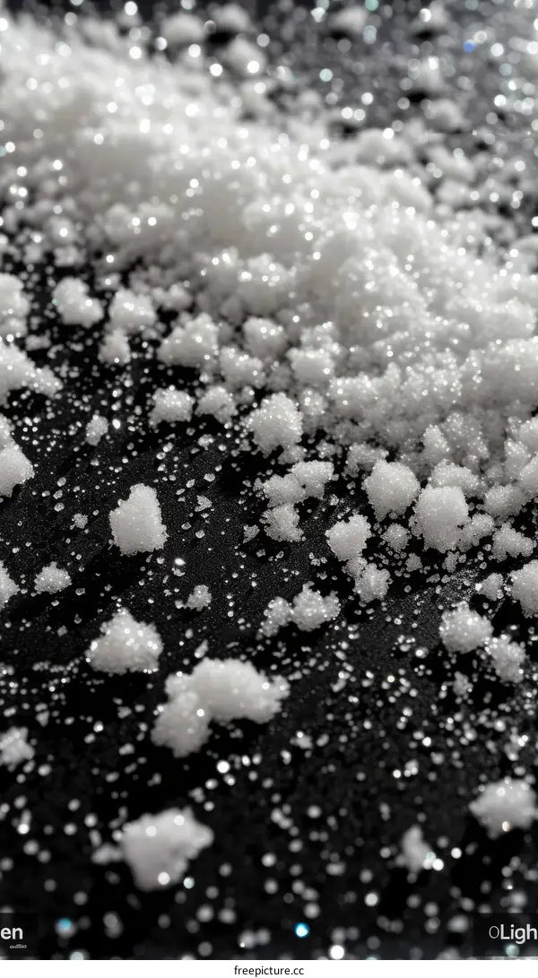 Close-up of a pile of white sugar crystals on a black background