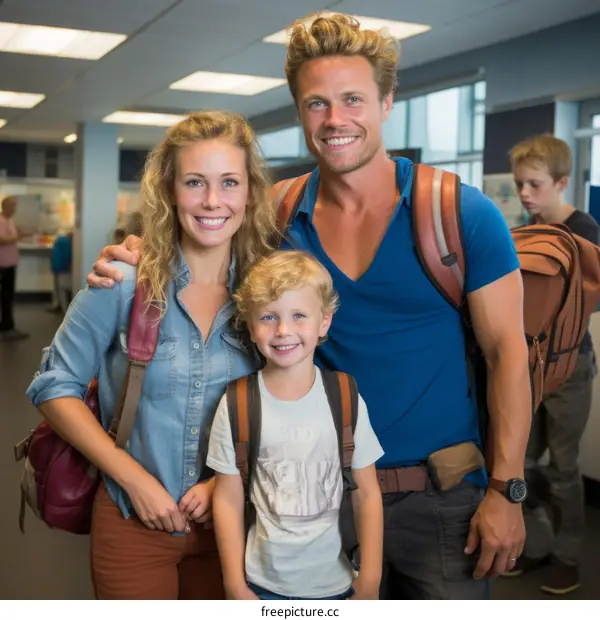 Happy family of three at the airport