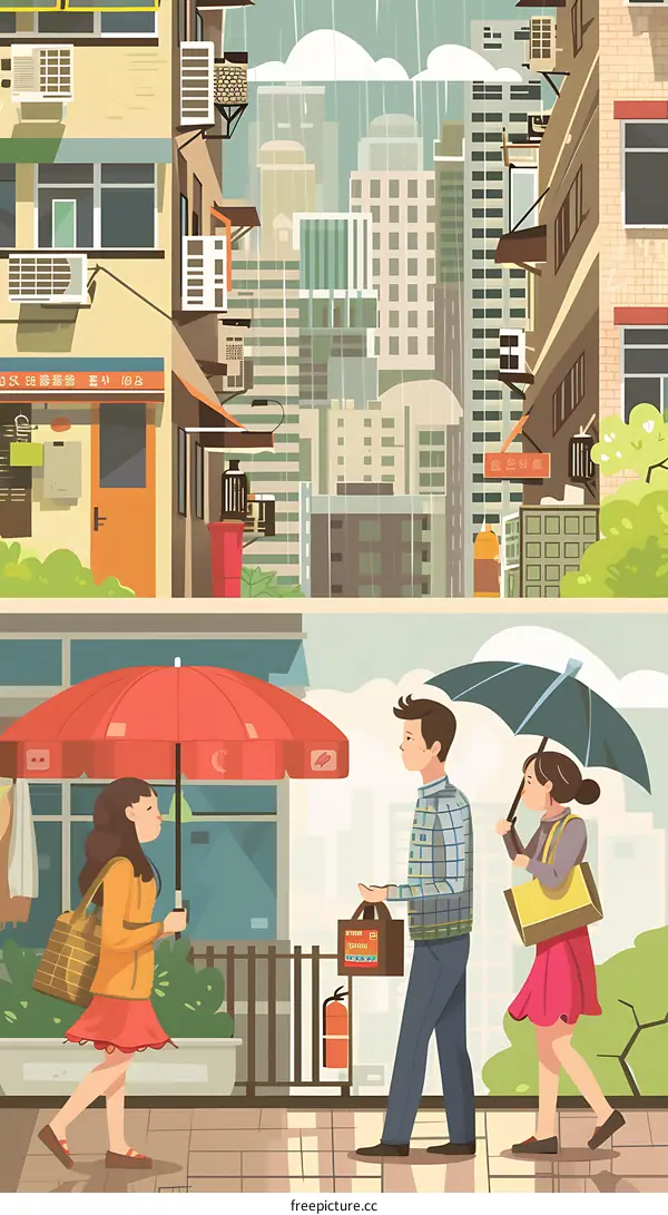 Rainy Day in Hong Kong City Illustration