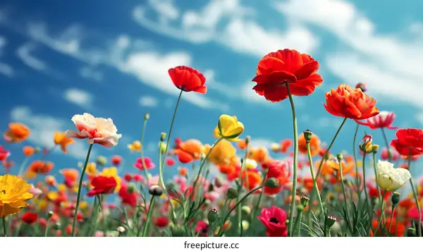 Colorful Poppy Flowers Field Under Blue Sky