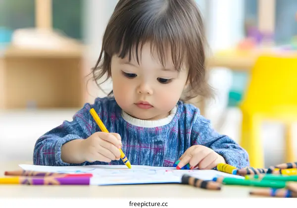 Little Girl Drawing with Crayons on White Paper