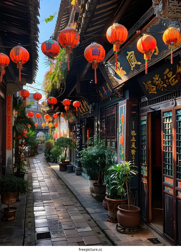 Traditional Chinese Architecture with Red Lanterns in Narrow Alley