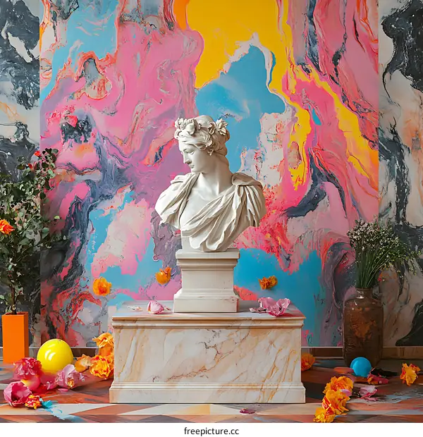 Marble Bust with Colorful Abstract Background