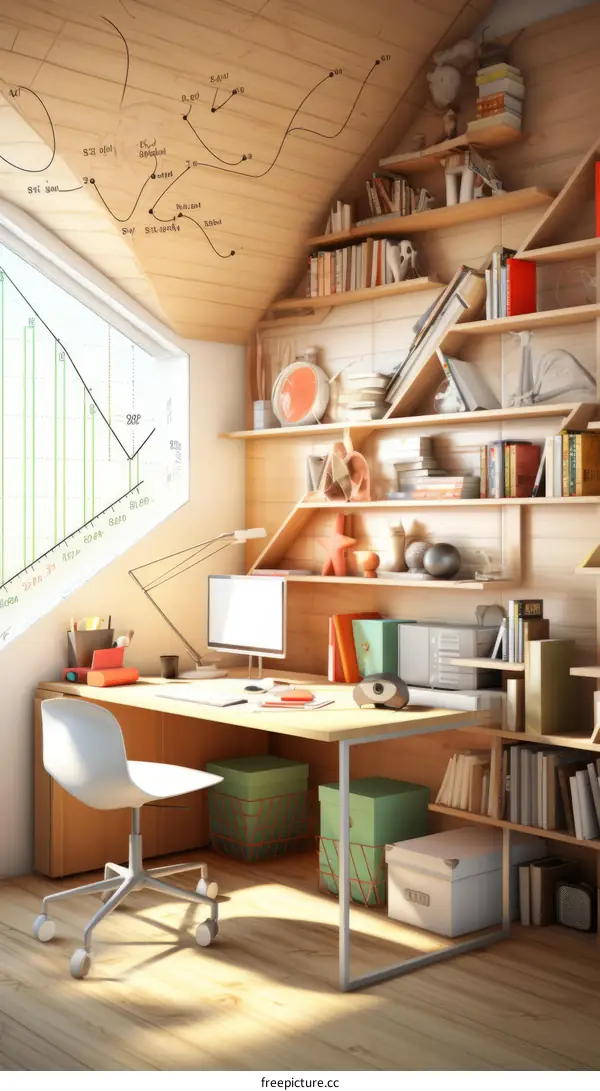 Cozy Home Office with Large Wooden Bookshelf