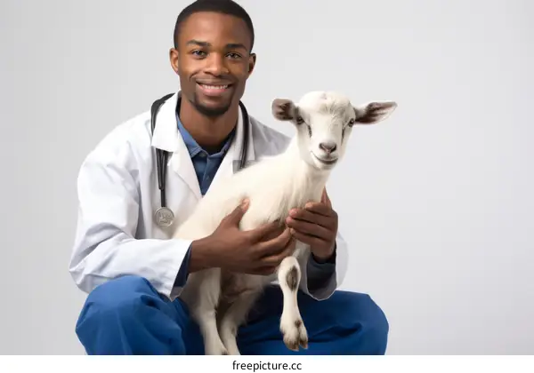 Smiling veterinarian holding a goat