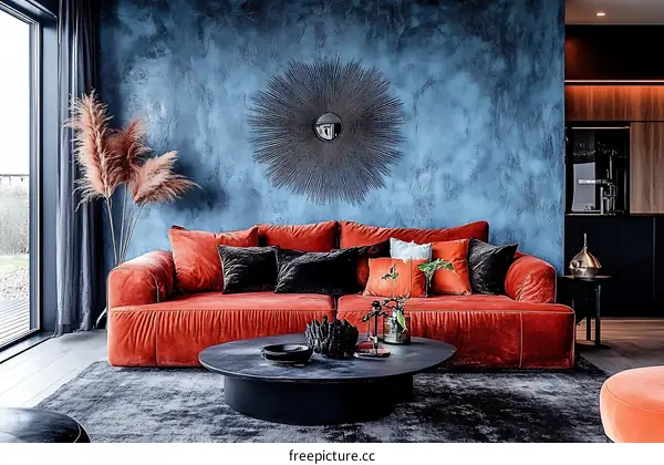 Modern Living Room with Coral Sofa and Dark Blue Wall