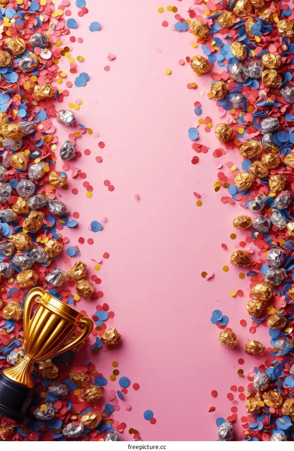 Gold trophy with pink and blue confetti