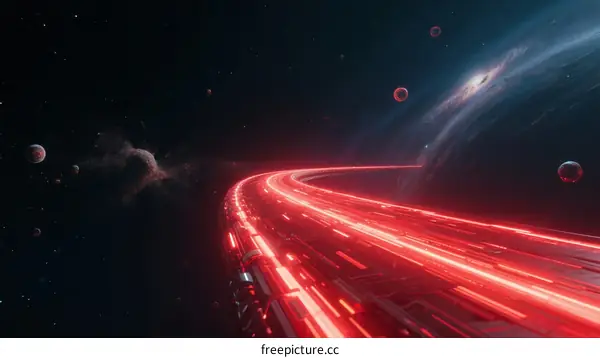 Futuristic Space Highway with Red Light Trails and Planets