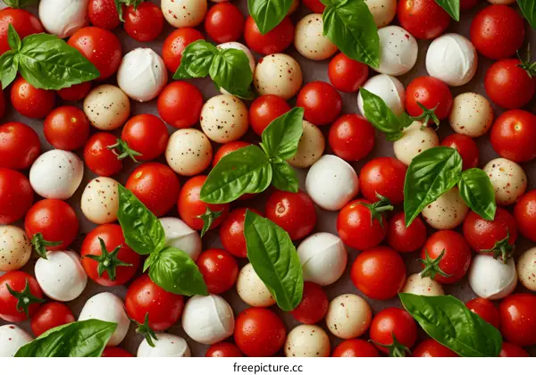Top View of Fresh Organic Cherry Tomatoes, Basil Leaves, and Mini Mozzarella Balls