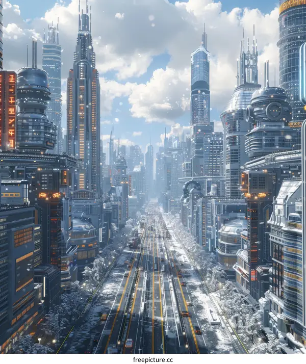 Futuristic Cityscape Snowfall