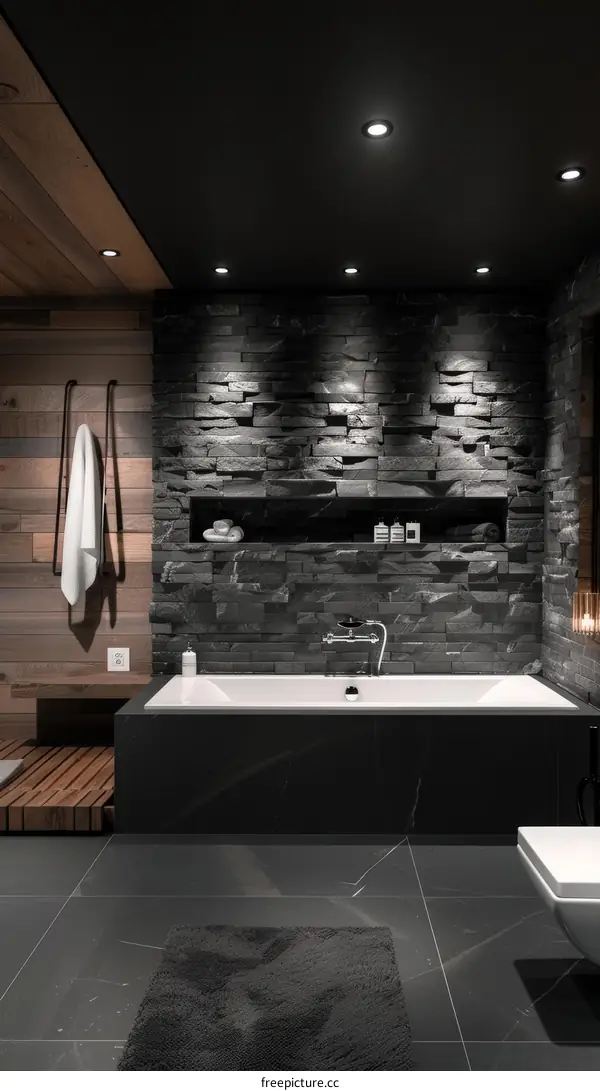 Modern Dark Bathroom with Stone Wall and Bathtub