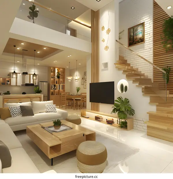 Modern Minimalist Living Room Interior Design with Wooden Stairs and Open Space