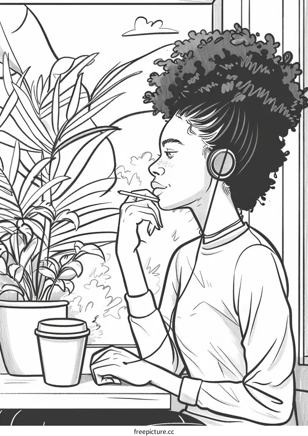 A black woman is sitting in a cafe, drinking coffee and thinking about something