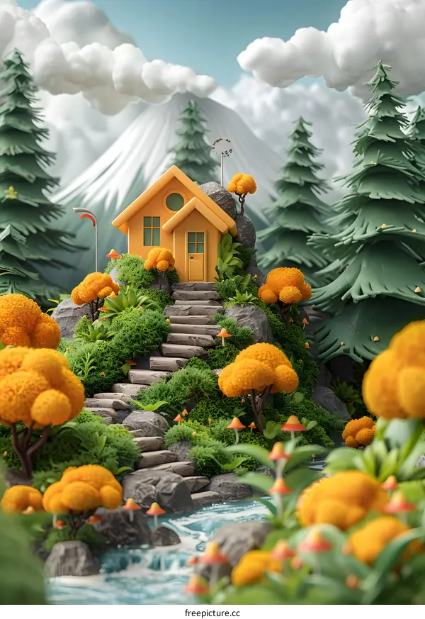 A cute house in the middle of a lush forest